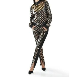 Sparkle Sequin Tracksuit Set Jacket Pants Black Gold Checkerboard Womens M